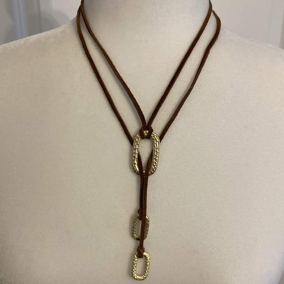 Brown Leather and Gold Metal Lariat Style Necklace. Very Boho Chic! - Picture 5 of 6